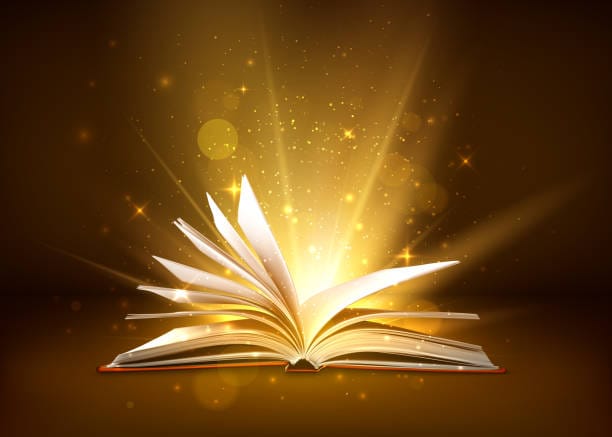 Mystery open book with shining pages. Fantasy book with magic light sparkles and stars. Vector illustration