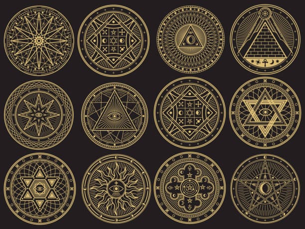 Golden mystery, witchcraft, occult, alchemy, mystical esoteric symbols. Witchcraft mystery emblem collection, magic religion tattoo. Vector illustration