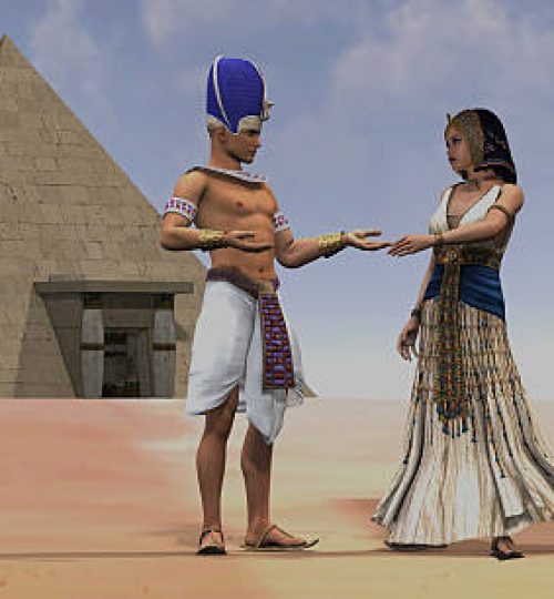 A Pharaoh talks with his queen near a pyramid and temple in the Old Kingdom of Egypt.